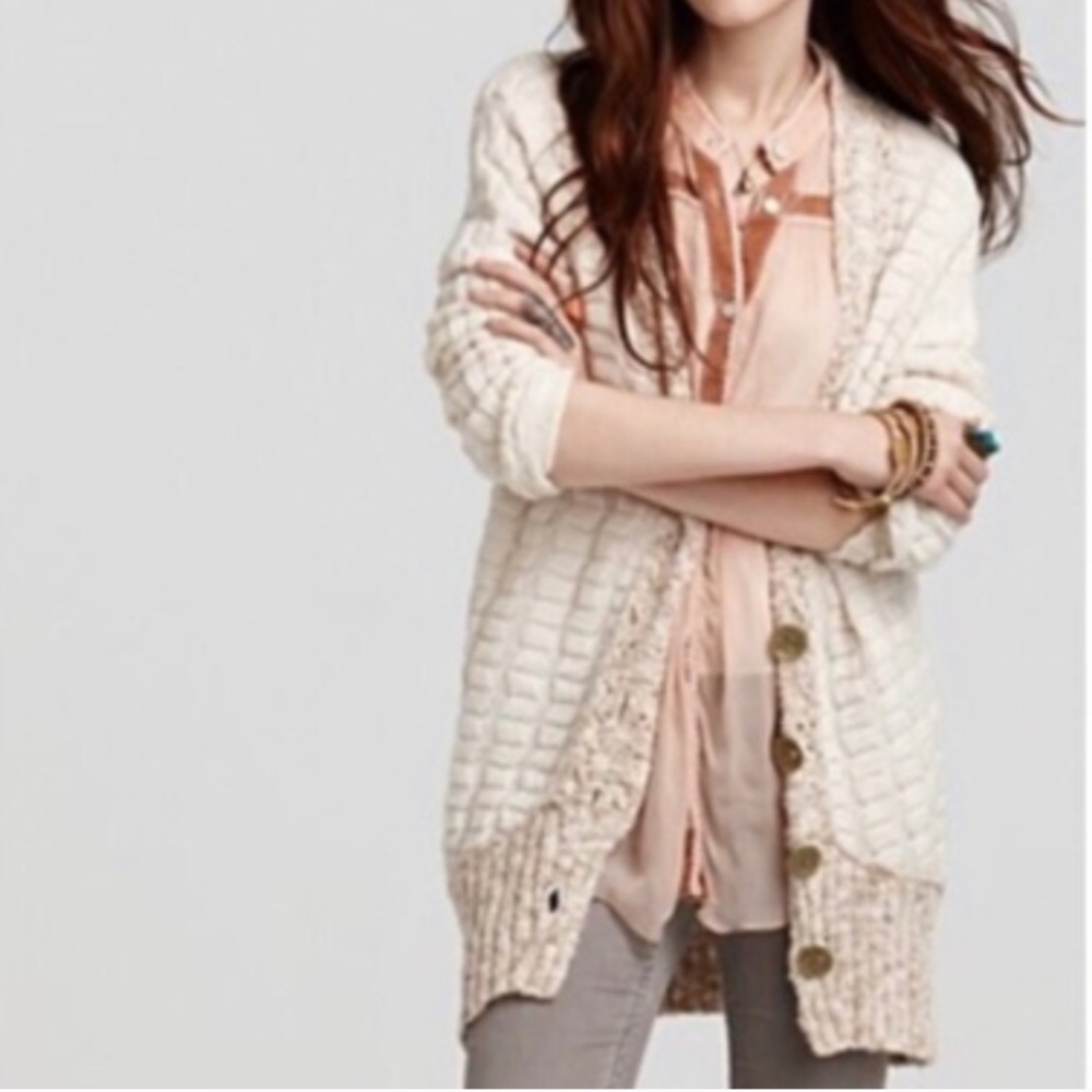 Free People White Gray Chunky Knit Sweater